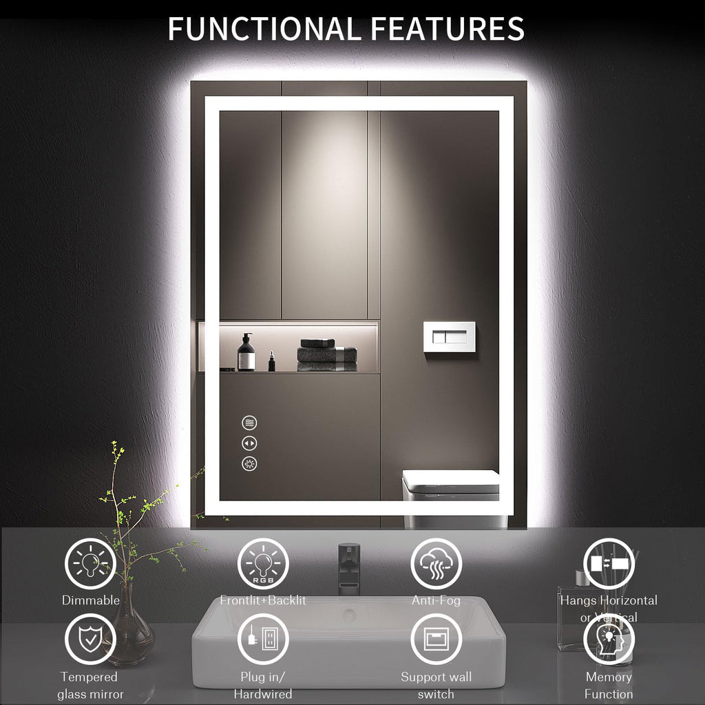 Beichen 24x32 Inch LED Bathroom Mirror, 3 Color Dimmable Lights, Anti-Fog Backlit&Front Lit, Memory Function, Tempered Glass for Bathroom