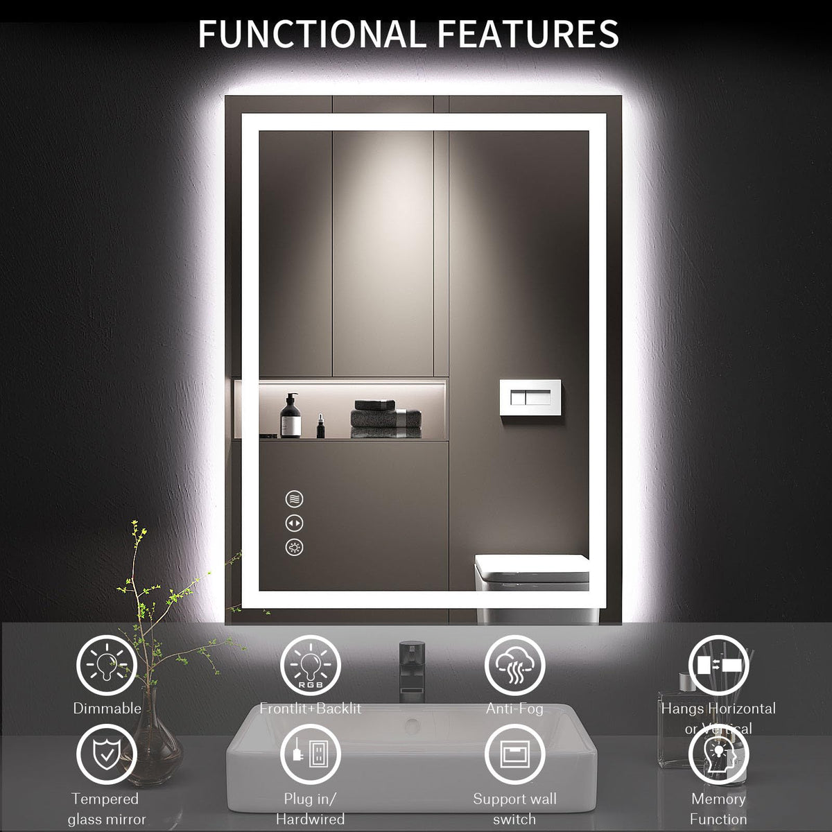 Beichen 24x32 Inch LED Bathroom Mirror, 3 Color Dimmable Lights, Anti-Fog Backlit&Front Lit, Memory Function, Tempered Glass for Bathroom