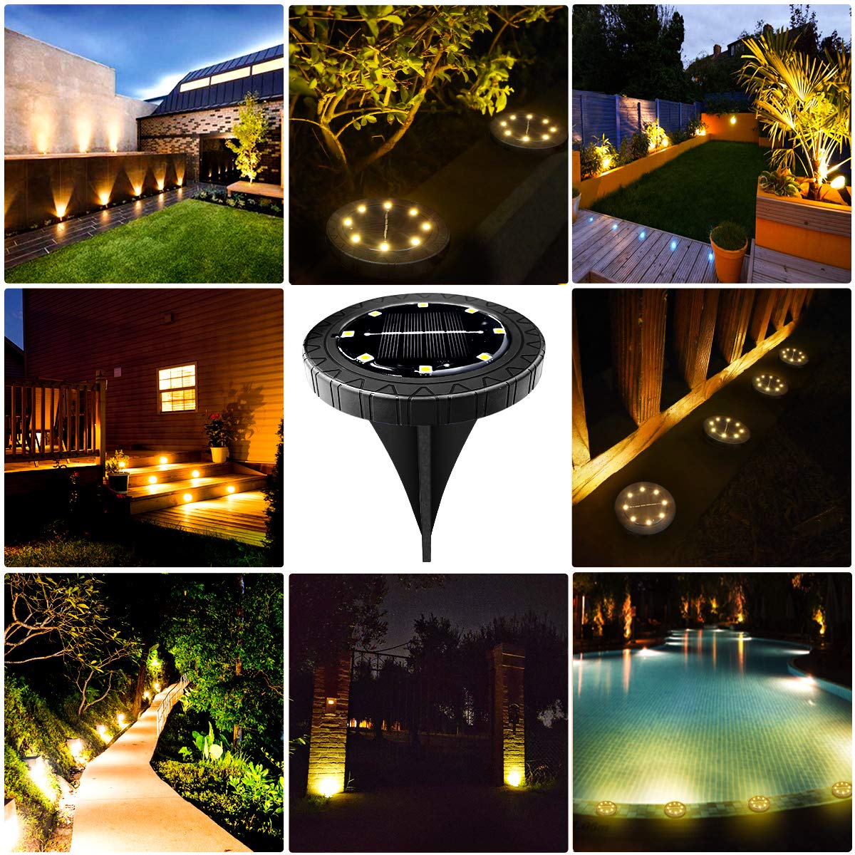 Beichen Solar Powered LED Disk Lights, 8 Pack IP68 Waterproof Non-Slip Wear-Resistant Pathway Lights, Warm White for Outdoor Garden & Walkway