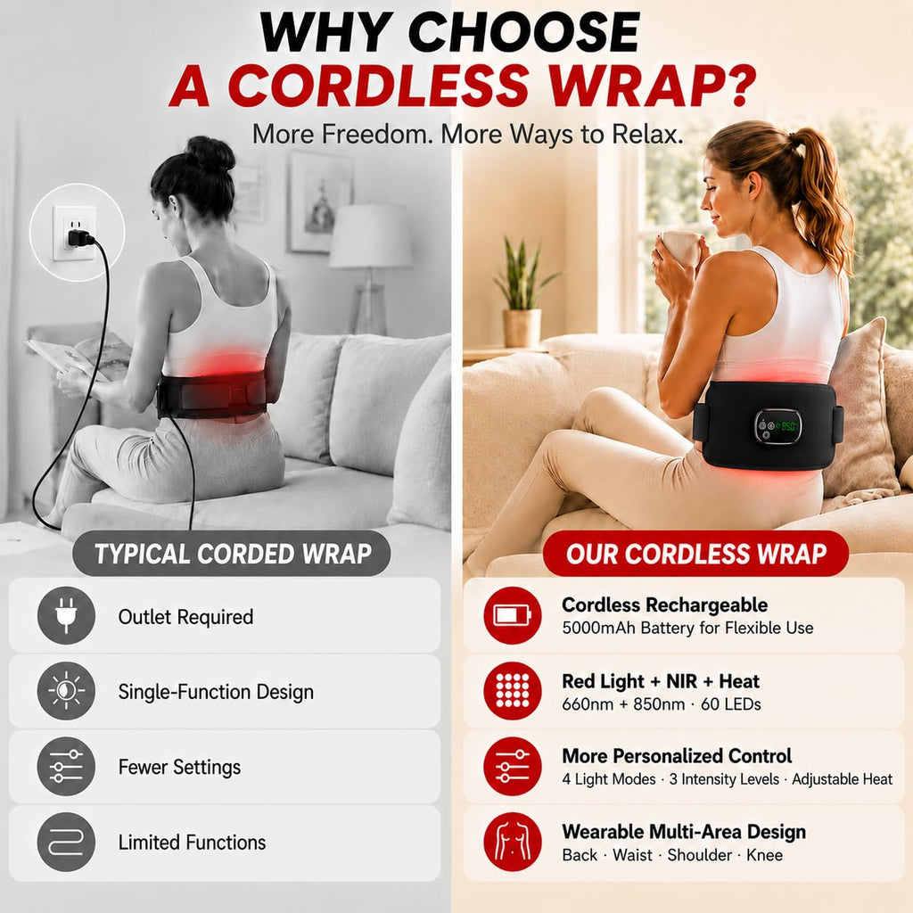 Morfone Cordless Red Light Therapy Belt with Heat, 660nm 850nm LED Infrared Light Therapy, 3 Brightness Levels, Pulse Mode, Rechargeable for Back Waist Shoulder Knee