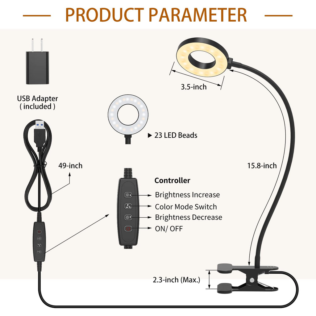 Beichen 3 Color Modes 10 Brightness LED Desk Lamp with Clamp, Flexible Arm Reading Light, Clip On Book Light for Bed, Table&Dorm