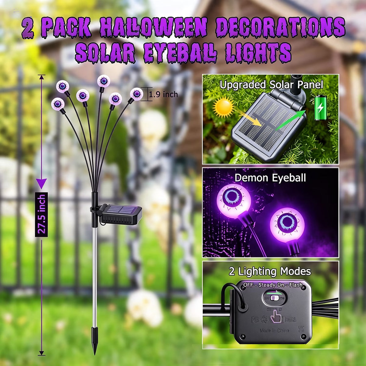 Morfone Halloween Decorations Outdoor, 2 Pack 12 LEDs Solar Scary Eyeball Lights, Waterproof Eyeball Swaying Firefly Lights, Halloween Path Lights for Garden Yard Party, Purple